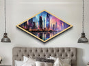 Neon Skyline Dreams Diamond Shaped Canvas Textured Print futuristic cyberpunk cityscape urban skyline glowing night downtown wall art