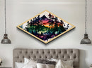 Vibrant Forest Silhouette – Diamond Shaped Mountain Sunset Canvas Textured Print, Abstract Nature Landscape Wall Art