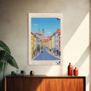 České Budějovice Czech Republic Travel Poster Framed Canvas Print, Midcentury Modern Art, Pop Art Decor, Living Room Wall Art