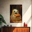 CHOMP! Cute Lil Ghost Eatin' a Dog, The Hot Dog Ghost, Haunted Hot Dog Thief, Framed Canvas Print, Halloween Art