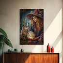 Enchanting Witch with Crystal Ball, Framed Canvas Print, Mystical Halloween Art, Spooky Witch Decor, Witchcraft Illustration, Magical Decor