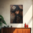 Witch with Crow in Spooky Forest - Halloween Art, Gothic Art, Spooky Decor, Dark Magic Art, Mysterious Portrait, Framed Canvas Print