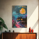 Spooky Village Framed Canvas Print, Halloween Wall Art, Haunted House Art, Gothic Night Decor, Spooky Moonlight, Halloween Home Decor