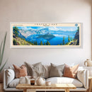 Crater Lake Framed Canvas Print, Lake House Decor, Panoramic Wide Art, Travel Poster, Rustic Lake Painting, Home Decor