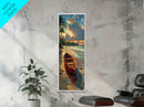 Red Boat Resting on the Shoreline - Framed Canvas Print, Midcentury Modern Wall Art, Skinny Art, Tall Art, Living Room Decor