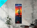 Desert Landscape with Saguaro Cactus Silhouette Against a Fiery Sunset on a Framed Canvas Print Skinny Art Piece