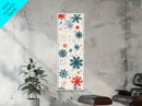 Festive Snowflakes In Red, Blue, And White On A Cream Background, Skinny Art Tall Wall Art Framed Canvas Print Japanese Style Art