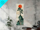 Bonsai Tree Mountain Red Sun Japanese Tall Wall Art Skinny Framed Canvas Print Ukiyo-e Style