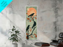 Black Crows Japanese Art Skinny Wall Art Framed Canvas Print on Branches with Red Maple Leaves Against Warm Orange Sun