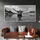 Longhorn in Water, rustic art, western decor, bull and bear art, cowboy wall art, farmhouse art, panoramic art, Framed Canvas Print
