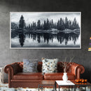 Pine tree reflection, moody art, mountain painting, pine tree art, rustic decor, panoramic art, extra wide art, framed canvas print