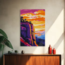 Mountain Cliffs, Southwest Sunset, Canyon Painting, Framed Canvas Print, Pink Orange Wall Art, Joshua Tree Art, Panoramic Art