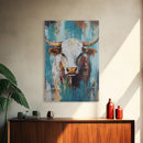 Rustic Cow Portrait, farmhouse art, rustic wall art, blue and green wall art, textured oil painting, canvas print, gift idea, wabi sabi art