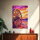 Sunset Wagon Wheel, Bold Color Painting, Southwest Wall Art, Framed Canvas Print, Rustic Decor, Western Aesthetic, Extra Wide Art, Gift Idea