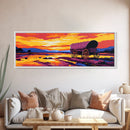 Wagon at Sunset, pink orange wall art, rustic decor, mountain painting, panoramic art, extra wide art, Framed Canvas Print, gift idea