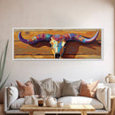 Painted Skull, bull and bear art, rustic decor, extra wide art, southwest wall art, pink orange wall art, framed canvas print