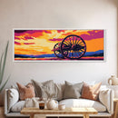 Sunset Wagon Wheel, pink orange wall art, bold color art, boho art, panoramic painting, extra wide art, framed canvas print, landscape painting