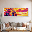Sunset Warrior, bold colors, chicano art, moody art, pink orange wall art, framed canvas print, extra wide art, above sofa art