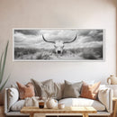 Longhorn Skull, skull art, western wall art, rustic decor, moody art, desert painting, farmhouse art, panoramic art, framed canvas print