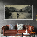 Cowboy Crossing River with Mountains, Framed Canvas Print for Western Living Room Decor, Ideal Bedroom Wall Art, Rustic Scene