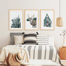 Rustic Christmas Wall Art Set. Trees, Deer, Green Log Cabin