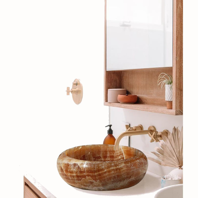 Honey onyx vessel sink above-counter bathroom sink D18 H6 20020017 bathroom application view