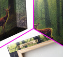 Does in a majestic forest, whitetail deer art, framed canvas print, ready to hang framed wall art