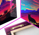 Cute fox in an Arizona desert landscape, framed canvas print, framed wall art, synthwave art