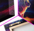 The Lion and the Universe, unique vibrant synthwave wall art, framed canvas print