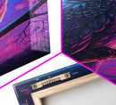 Retro Style Owl Art, Framed Canvas Print, outrun style owl at midnight under a starry sky