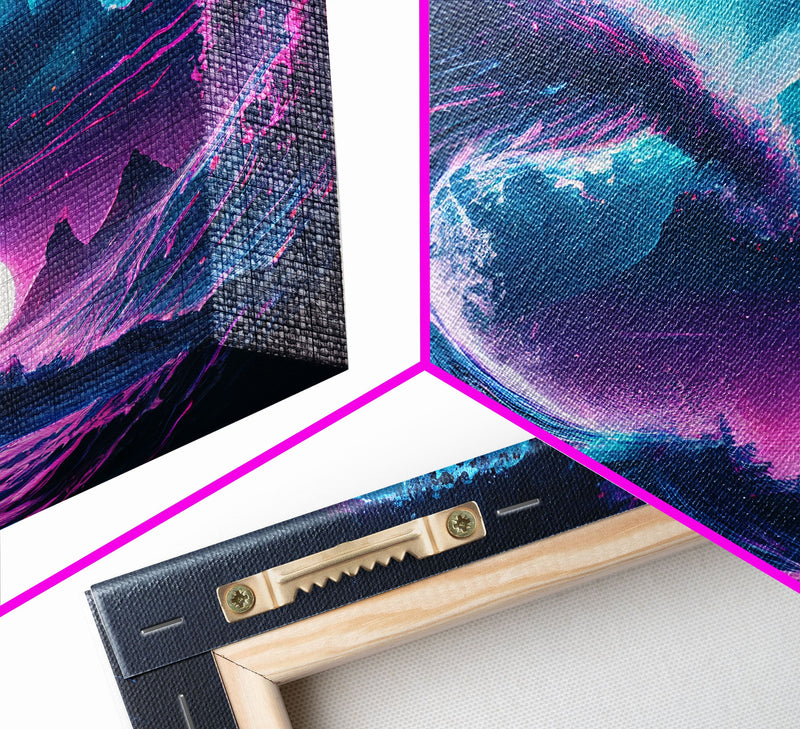 The Wave, Synthwave style ocean art, sunset in a wave, framed canvas print