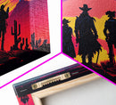 Retro Synthwave Style Wild West Cowboys, framed canvas print, retro outrun style wild west art