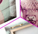 Pink and Turquoise Rustic Cattle Art, Framed Canvas Print, Framed Wall Art, Primitive Rustic Minimalist Farmhouse Decor, Highland Cattle Art
