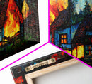 Stained Glass Cottage On Fire, Canvas print, negative art, house on fire depicted in stain glass, cool wall art