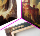 Fantasy wall art, canvas print, castle in the sky, castle atop mountains and waterfalls, watercolor