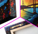 Golden Gate Bridge Abstract Panoramic Framed Canvas Print, Van Gogh Inspired Original Painting, Colorful California Wall Art