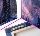 Starry Night Northern Lights, Framed Canvas Print, Beautiful Night Sky Over A Snow Capped Forest, Winter Landscape Painting, Purple Skies