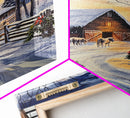 Christmas On The Farm, Winter Wall Art Framed Canvas Print, Gift Idea, Seasonal Decor, Barn Painting, Farmhouse Art