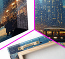 Snowy Winter City Scene Holiday Lights Framed Canvas Print Christmas Wall Art Urban Christmas Decor Holiday Gift Christmas Tree Art Gift