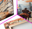 Cowboy riding through autumn forest, Framed Canvas Print, fall landscape wall art, western style decor for cozy homes, perfect gift idea
