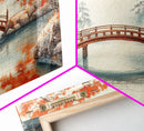 Tranquil Japanese Autumn Bridge Framed Canvas Print Fall Nature Scene Art Minimalist Wall Decor Seasonal Holiday Gift Idea 2024