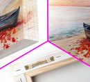 Autumn beach landscape art, fall sunset wall art, coastal boat decor, beach fall home decor, seasonal wall art gift, framed canvas print