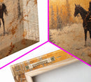Cowboy riding horse through deep snow in a winter storm, Framed Canvas Print, dynamic winter wall art, rustic western home decor