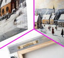 Snowy Village Church Scene, Rustic Christmas Landscape Wall Art, Winter Wonderland Framed Canvas Print, Country Holiday Home Decor