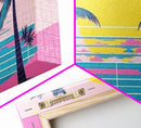 Retro Synthwave Wall Art, Outrun Home Decor Framed Canvas Print, Two Palm Trees and a Sunset