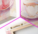 Vintage Tea Cups Artwork with Pink Wall Art Vibes on Framed Canvas Print, Cottagecore Style Kitchen or Dining Room Decor Gift