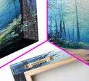 Enchanting Forest Canvas Print, Moody Blue Landscape Painting with Pine Tree Art, Above Sofa Rustic Wall Artwork