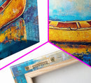 Golden Canoe, Framed Canvas Print, fisherman painting, lake Tahoe art, rustic decor, nautical decor, extra wide art, landscape painting