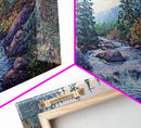 Forest River Scene, pine tree art, mountain painting, landscape painting, smoky mountain art, rustic decor, Framed Canvas Print