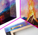 Campfire painting, rustic decor, boho art, mountain painting, cozy fire, scenic landscape, extra wide art, framed canvas print, warm glow
